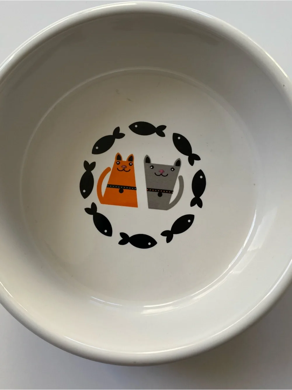 Cat Water Food Bowl Ceramic With Fish And Cats All Around Stoneware 5” Kitty EUC